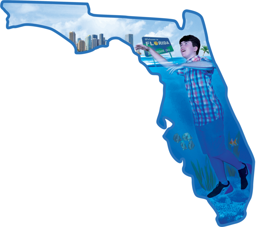 Joseph Brady is depicted trying to swim in a submerged Florida.