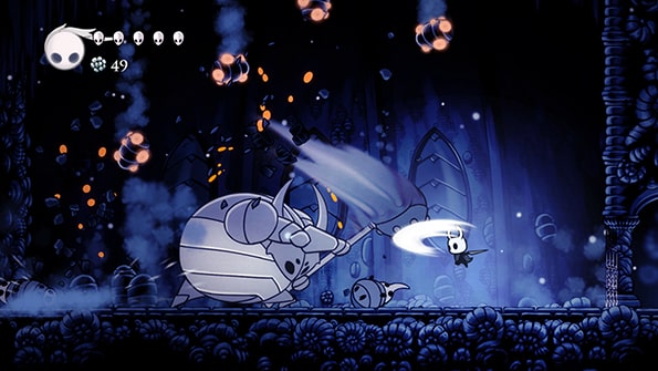 The image features one of the many action fighting scenes in Hollow Knight.